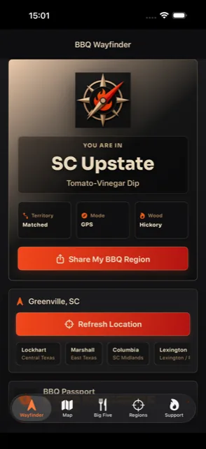 BBQ Wayfinder detecting the SC Upstate tomato-vinegar dip territory by GPS, showing hickory wood tradition and nearby regions