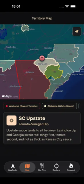 BBQ Wayfinder territory map with color-coded BBQ regions across the Southeast and tasting notes for SC Upstate tomato-vinegar dip