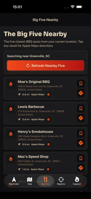 BBQ Wayfinder Big Five Nearby listing the five closest barbecue joints with addresses, distances, and Apple Maps directions