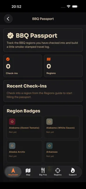 BBQ Wayfinder BBQ Passport tracking region check-ins and collectible region badges