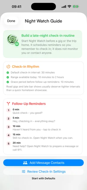 Gigsmith Night Watch guide showing the 30-minute check-in rhythm and the escalating follow-up reminders that run from a quick check to a prompt to call 911