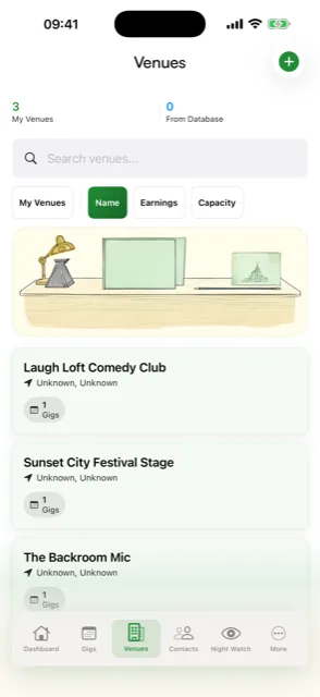 Gigsmith venue database listing saved rooms sortable by name, earnings, or capacity, each showing how many gigs have been played there