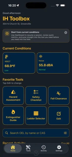 IH Toolbox dashboard showing current WBGT of 68.9°F and noise level of 55.8 dBA, with favorite tools for hazard assessment, safety checklist, and fall clearance