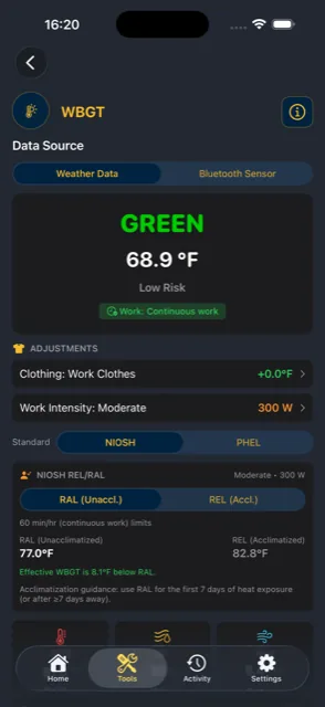 IH Toolbox WBGT heat stress screen returning a GREEN low-risk verdict at 68.9°F, with NIOSH REL and RAL limits for acclimatized and unacclimatized workers