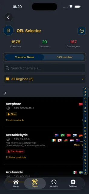 IH Toolbox OEL Selector searching 1,578 chemicals across 29 sources, flagging 187 carcinogens, with per-country exposure limits