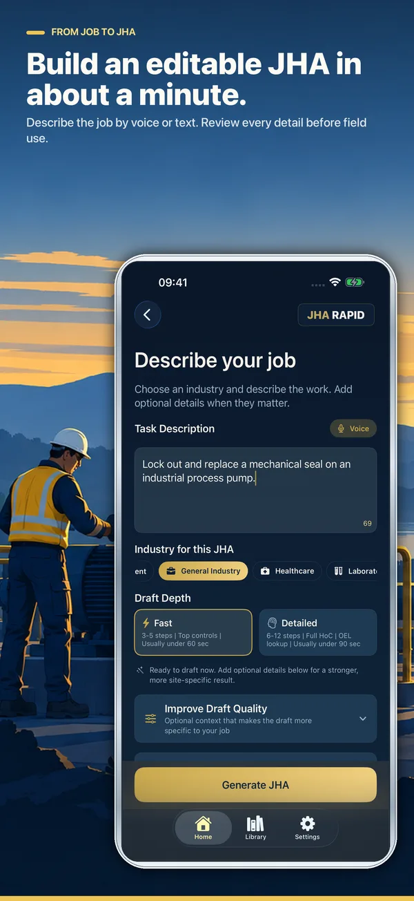 Build an editable JHA in about a minute: JHA Rapid's task screen, where you describe the job by voice or text