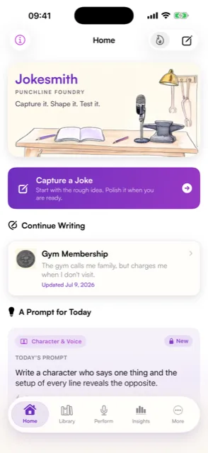 Jokesmith home screen with a Capture a Joke shortcut, a Continue Writing card for a bit in progress, and the day's writing prompt