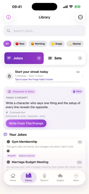 Jokesmith library of 8 jokes and 3 sets, filterable by Raw, Working, Stage, and Master status, with tagged bits and a writing-streak tracker