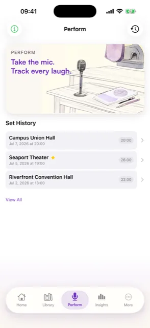 Jokesmith perform mode with set history for Campus Union Hall, Seaport Theater, and Riverfront Convention Hall, each with its recorded set length