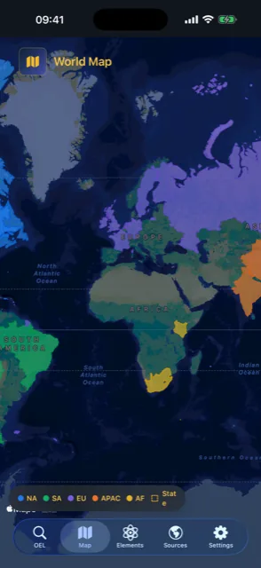 OEL Atlas world map colour-coding jurisdictions by region across North and South America, Europe, Asia-Pacific, and Africa