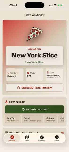 Pizza Wayfinder matching a Manhattan location by GPS to the New York Slice territory, described as hand-tossed thin crust, deck-oven fired