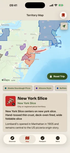Pizza Wayfinder territory map showing colour-coded pizza regions across the Northeast with a New York Slice detail card citing Lombardi’s 1905 opening