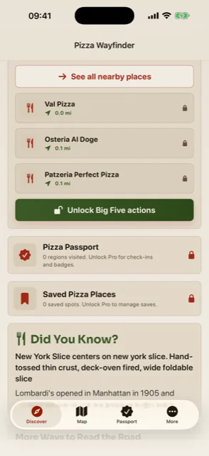 Pizza Wayfinder Big Five Nearby listing the closest Manhattan pizzerias with walking distances