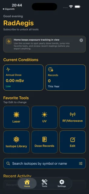 RadAegis home screen tracking annual dose in mSv with favorite tools for laser, UV, RF/microwave, isotope library, and dose records