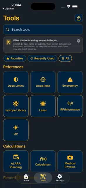 RadAegis tool catalog with radiation references for dose limits, dose rate, emergency response, isotope library, plus ALARA planning and medical physics calculators