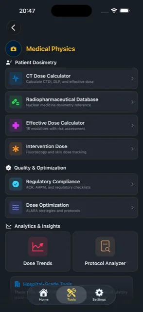 RadAegis Medical Physics module with CT dose calculator, radiopharmaceutical database, effective dose calculator, and regulatory compliance checklists