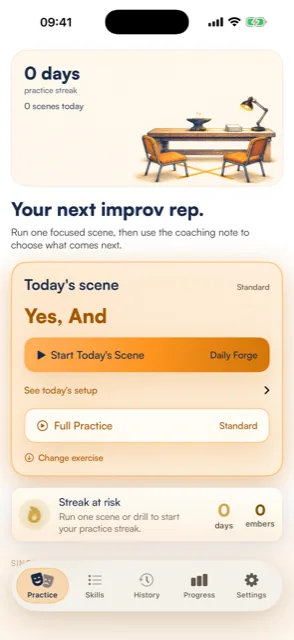 Riffsmith practice screen showing the day's Yes, And scene with a Start Today's Scene button and a practice-streak tracker