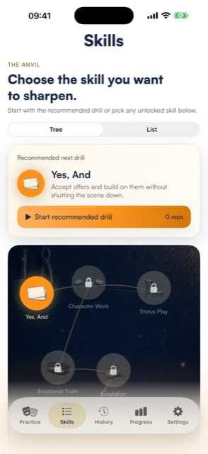Riffsmith skill tree with Yes, And unlocked and Character Work, Status Play, Emotional Truth, and Escalation still locked