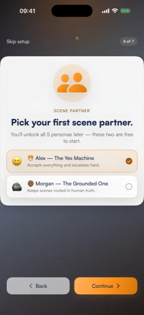 Riffsmith scene partner picker offering Alex, the Yes Machine, who accepts and escalates, and Morgan, the Grounded One, who keeps scenes rooted in human truth
