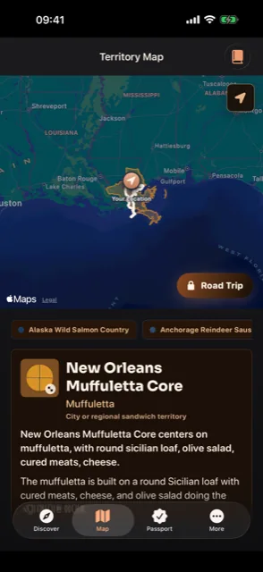 Sandwich Wayfinder territory map centred on the Gulf Coast with the New Orleans Muffuletta Core polygon and a detail card explaining the build