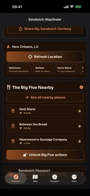 Sandwich Wayfinder Big Five Nearby listing New Orleans sandwich spots including Verti Marte with distances