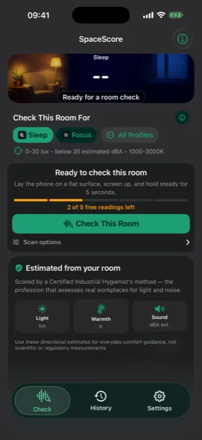 SpaceScore ready to check a room against the Sleep profile, targeting 0-30 lux, below 35 estimated dBA, and 1000-3000K