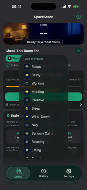 SpaceScore built-in profile picker offering Focus, Study, Working, Meeting, Creative, Sleep, Wind-Down, Nap, Sensory Calm, Relaxing, Eating, and Exercise